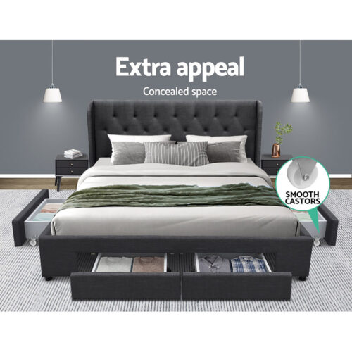 Artiss Bed Frame Queen Size with 4 Drawers Charcoal MILA - Image 4