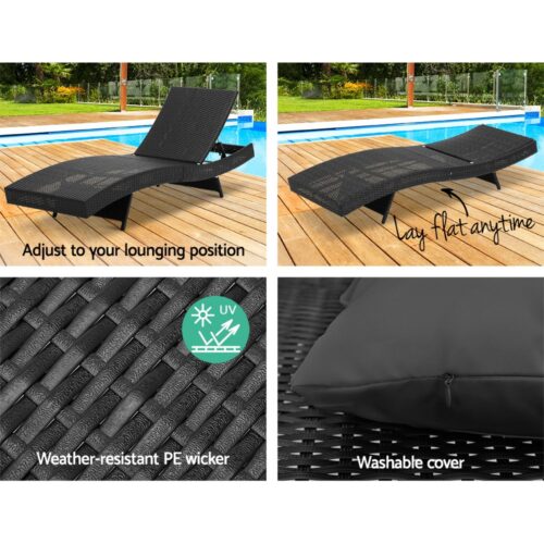 Gardeon 2PC Sun Lounge Wicker Lounger Outdoor Furniture Beach Chair Garden Adjustable Black - Image 5