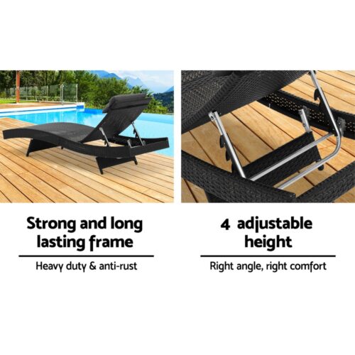 Gardeon 2PC Sun Lounge Wicker Lounger Outdoor Furniture Beach Chair Garden Adjustable Black - Image 6