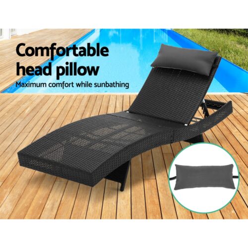 Gardeon 2PC Sun Lounge Wicker Lounger Outdoor Furniture Beach Chair Garden Adjustable Black - Image 7