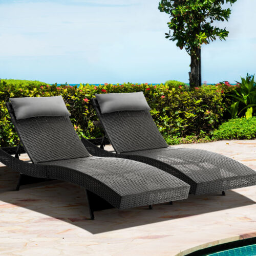 Gardeon 2PC Sun Lounge Wicker Lounger Outdoor Furniture Beach Chair Garden Adjustable Black - Image 8