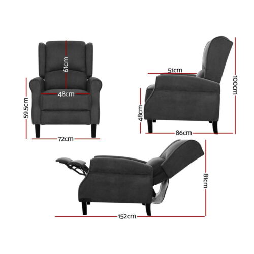 Artiss Recliner Chair Adjustable Sofa Lounge Soft Suede Armchair Couch Charcoal - Image 3