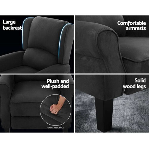 Artiss Recliner Chair Adjustable Sofa Lounge Soft Suede Armchair Couch Charcoal - Image 7