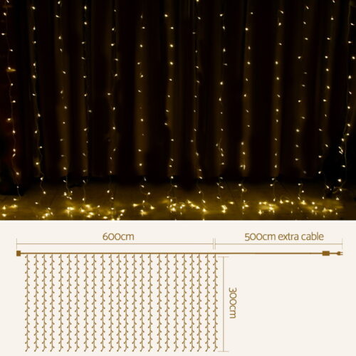 3X6M Christmas Lights Curtain Light Warm White 600 LED Jingle Jollys - Image 3