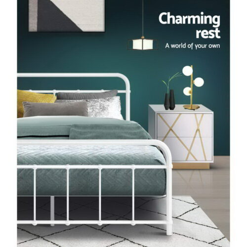 Artiss Bed Frame Metal Bed Frame LEO - Double (White) - Image 5