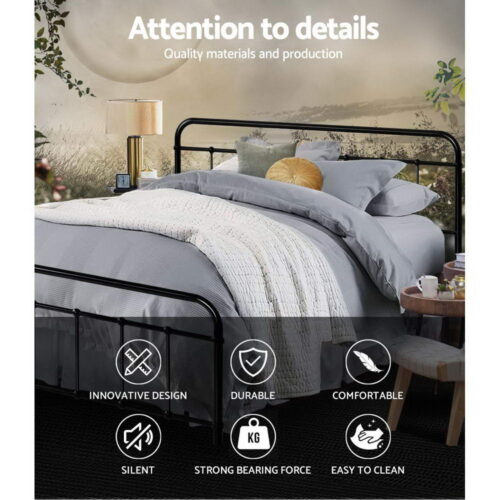 Artiss Bed Frame Metal Bed Frame LEO - Queen (Black) - Image 4