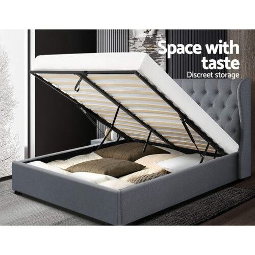 Artiss Bed Frame Queen Size Gas Lift Grey ISSA - Image 7