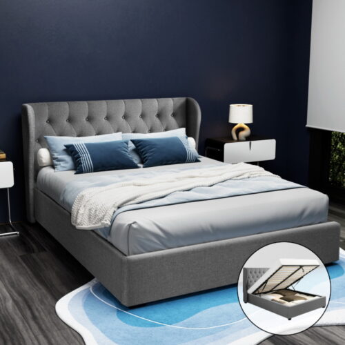 Artiss Bed Frame Queen Size Gas Lift Grey ISSA - Image 8