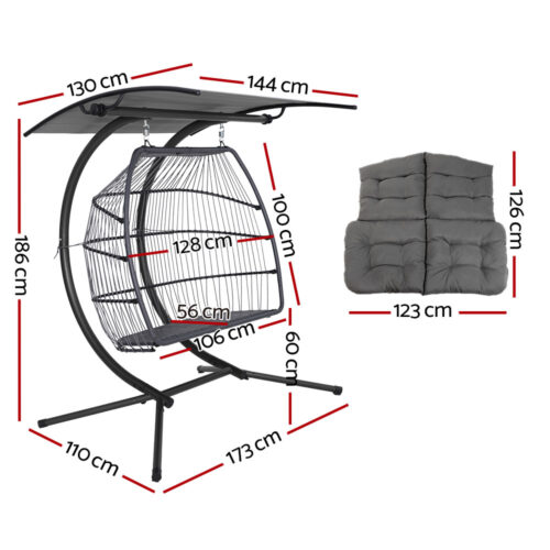 Gardeon Outdoor Egg Swing Chair Wicker Furniture Pod Stand Canopy 2 Seater Grey - Image 3