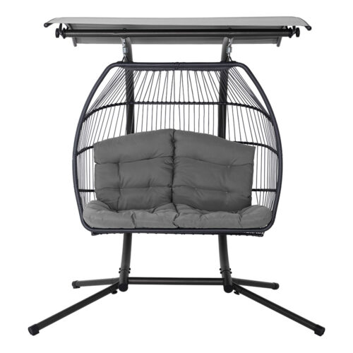 Gardeon Outdoor Egg Swing Chair Wicker Furniture Pod Stand Canopy 2 Seater Grey - Image 4