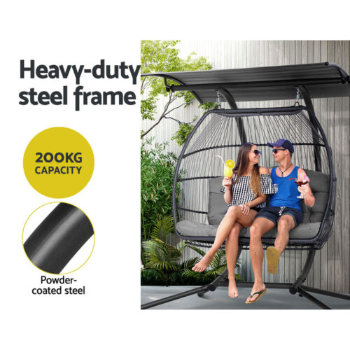 Gardeon Outdoor Egg Swing Chair Wicker Furniture Pod Stand Canopy 2 Seater Grey - Image 6