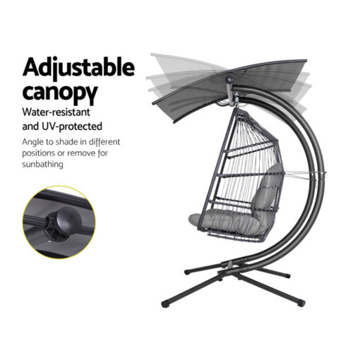 Gardeon Outdoor Egg Swing Chair Wicker Furniture Pod Stand Canopy 2 Seater Grey - Image 7