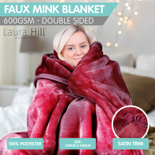 Laura Hill 600GSM Faux Mink Blanket Double Sided Queen Size  Wine Red - Image 4