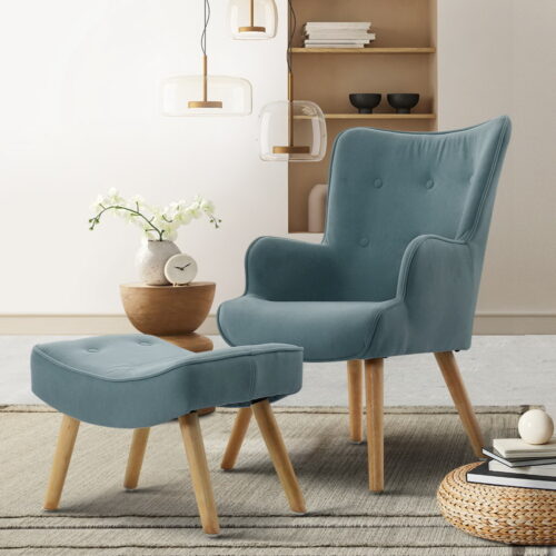 Artiss Armchair Set with Ottoman Blue Lansar - Image 7