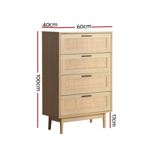 Artiss 4 Chest of Drawers Rattan Tallboy Pine - BRIONY - Image 4