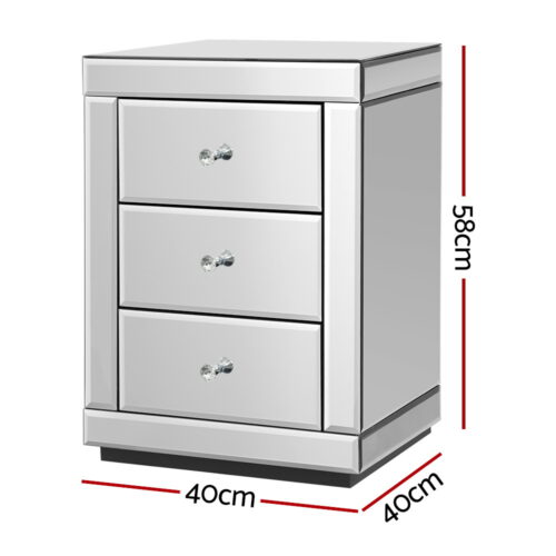 Artiss Set of 2 Bedside Table 3 Drawers Mirrored Glass - PRESIA Silver - Image 2