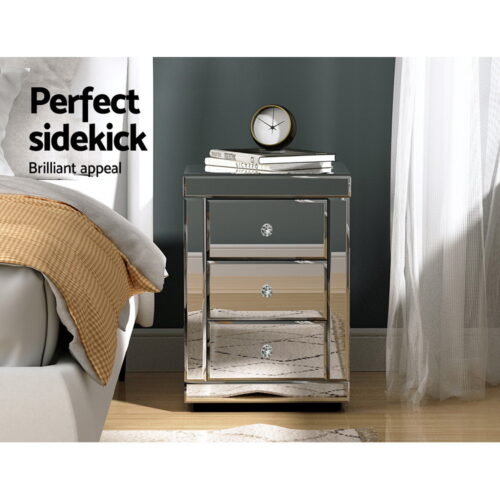 Artiss Set of 2 Bedside Table 3 Drawers Mirrored Glass - PRESIA Silver - Image 4