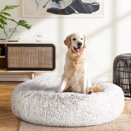 i.Pet Pet Bed Dog Cat 90cm Large Calming Soft Plush White Brown - Image 9