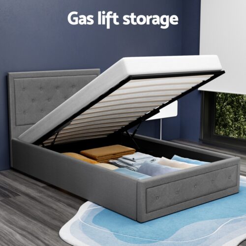 Artiss Bed Frame King Single Size Gas Lift Storage Mattress Base Wooden Grey - Image 4