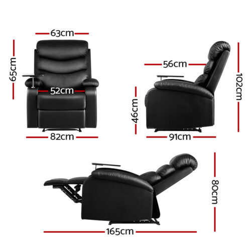 Artiss Recliner Chair Leather Black Tray Table Erika - Image 3