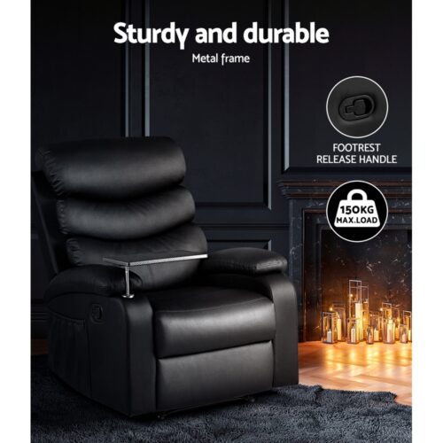 Artiss Recliner Chair Leather Black Tray Table Erika - Image 7
