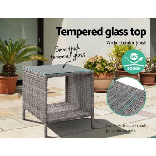 Gardeon Coffee Side Table Wicker Desk Rattan Outdoor Furniture Garden Grey - Image 6