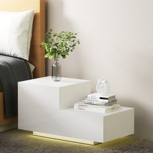 Artiss Bedside Tables LED 2 Drawers - REMI White - Image 8