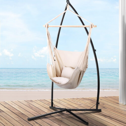 Gardeon Hammock Chair Outdoor Camping Hanging with Steel Stand Cream - Image 7