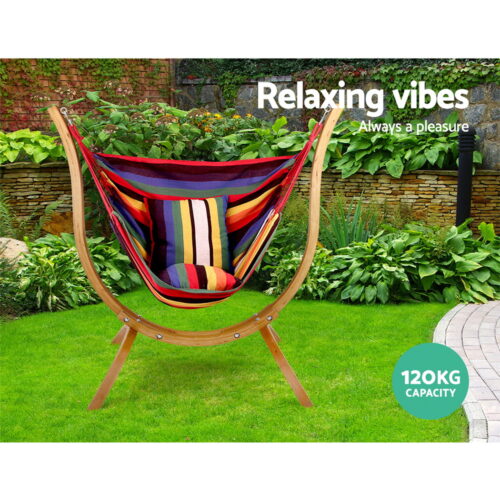 Gardeon Hammock Chair Timber Outdoor Furniture Camping with Wooden Stand - Image 4