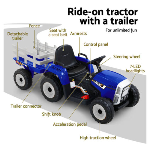 Rigo Kids Electric Ride On Car Tractor Toy Cars 12V Blue - Image 6