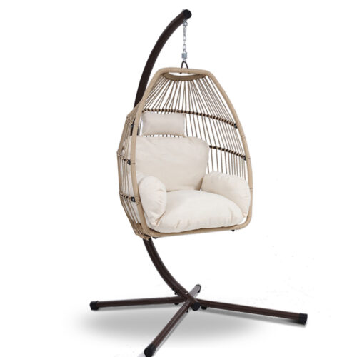 Gardeon Outdoor Egg Swing Chair Hanging Chair Wicker Rope Pod Stand Cushion Latte - Image 2
