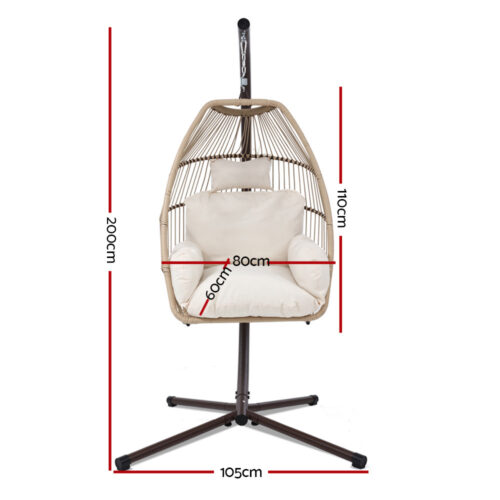 Gardeon Outdoor Egg Swing Chair Hanging Chair Wicker Rope Pod Stand Cushion Latte - Image 3