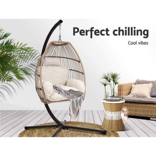 Gardeon Outdoor Egg Swing Chair Hanging Chair Wicker Rope Pod Stand Cushion Latte - Image 4