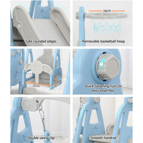 Keezi Kids Slide Swing Set Basketball Hoop Outdoor Playground Toys 170cm Blue - Image 7