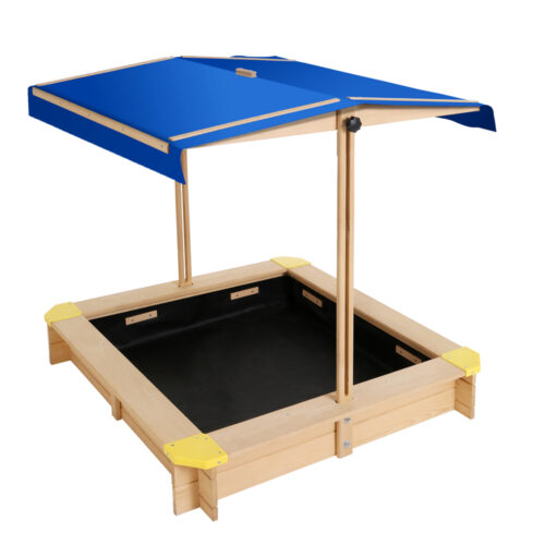 Keezi Kids Sandpit Wooden Sandbox Sand Pit with Canopy Bench Seat Toys 101cm - Image 2