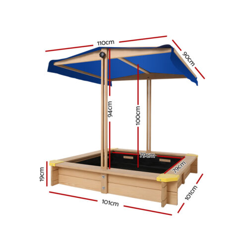 Keezi Kids Sandpit Wooden Sandbox Sand Pit with Canopy Bench Seat Toys 101cm - Image 3