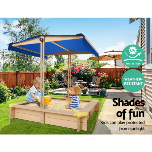 Keezi Kids Sandpit Wooden Sandbox Sand Pit with Canopy Bench Seat Toys 101cm - Image 6