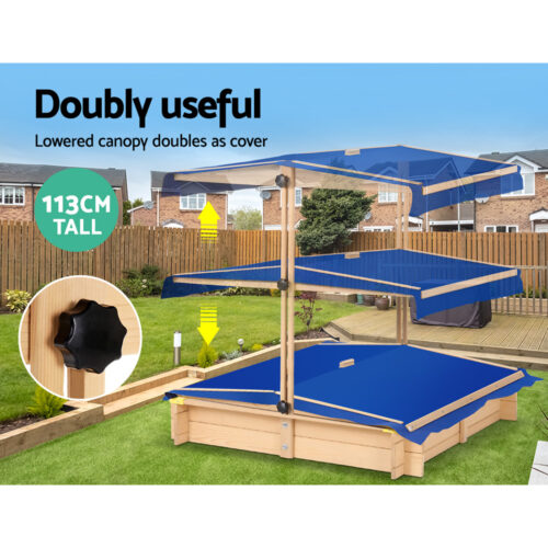Keezi Kids Sandpit Wooden Sandbox Sand Pit with Canopy Bench Seat Toys 101cm - Image 7