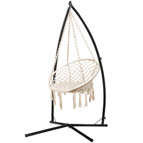 Gardeon Hammock Chair with Steel Stand Macrame Outdoor Swinging Cream - Image 2