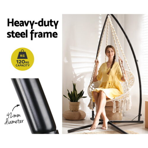 Gardeon Hammock Chair with Steel Stand Macrame Outdoor Swinging Cream - Image 5