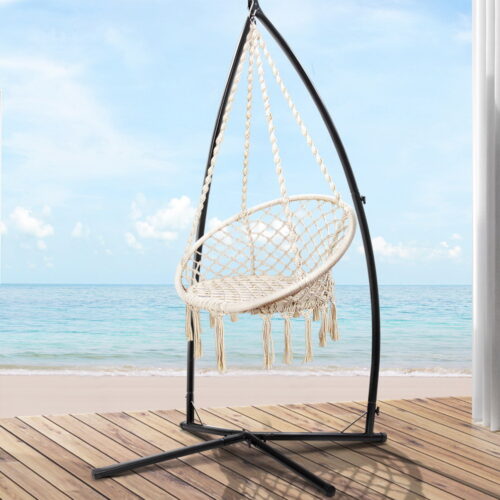 Gardeon Hammock Chair with Steel Stand Macrame Outdoor Swinging Cream - Image 9