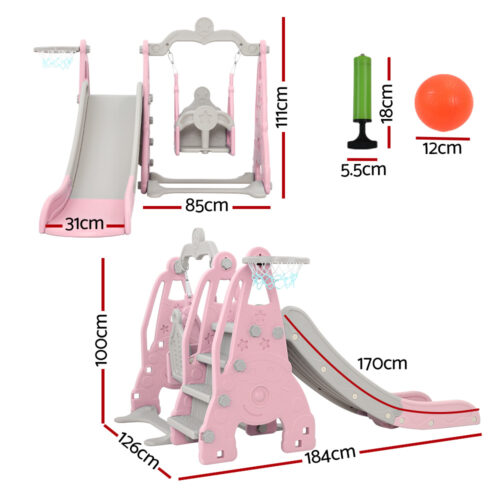 Keezi Kids Slide Swing Set Basketball Hoop Outdoor Playground Toys 170cm Pink - Image 3