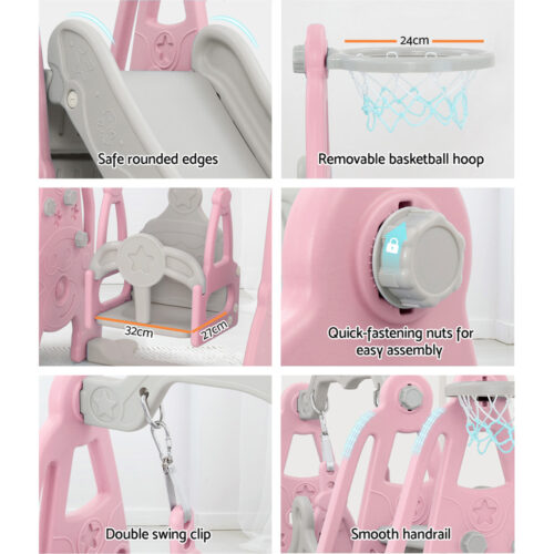 Keezi Kids Slide Swing Set Basketball Hoop Outdoor Playground Toys 170cm Pink - Image 7