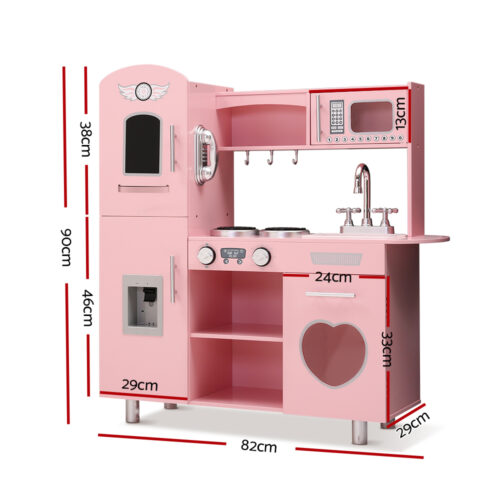 Keezi Kids Kitchen Play Set Wooden Pretend Toys Cooking Children Storage Pink - Image 3
