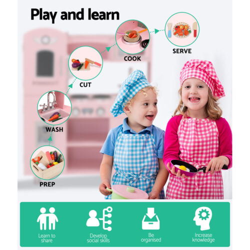 Keezi Kids Kitchen Play Set Wooden Pretend Toys Cooking Children Storage Pink - Image 4