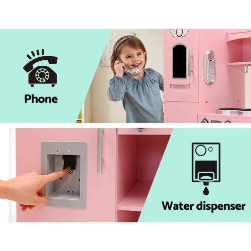 Keezi Kids Kitchen Play Set Wooden Pretend Toys Cooking Children Storage Pink - Image 7