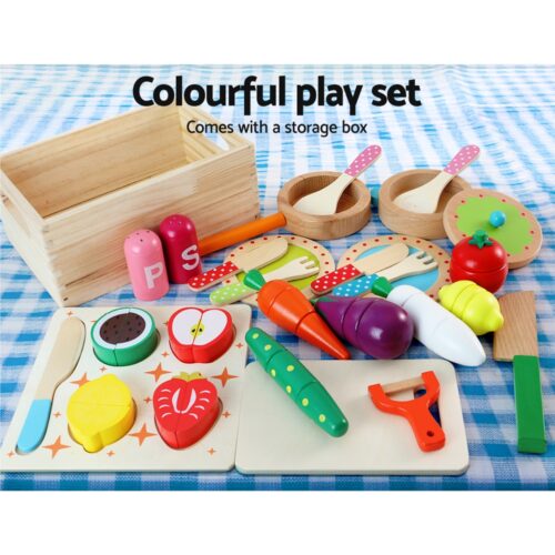 Keezi Kids Kitchen Play Set Wooden Pretend Toys Cooking Utensils Pots Pans Food - Image 5