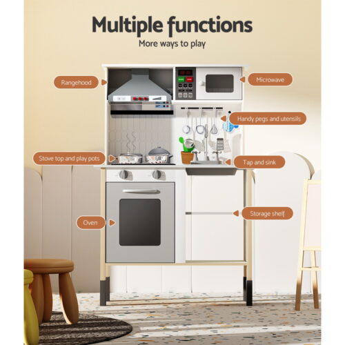 Keezi Kids Kitchen Play Set Wooden Pretend Toys Cooking Children Cookware Sink - Image 6