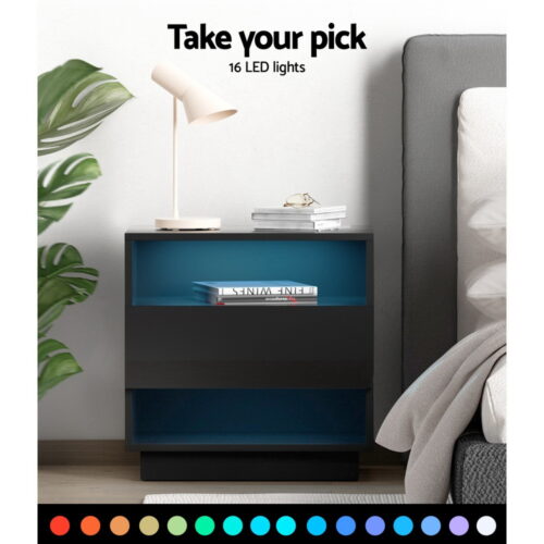 Artiss Bedside Table LED with 2 Shelves - HANA Black - Image 4
