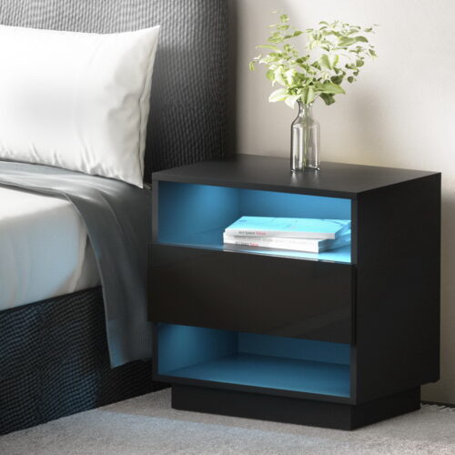Artiss Bedside Table LED with 2 Shelves - HANA Black - Image 7